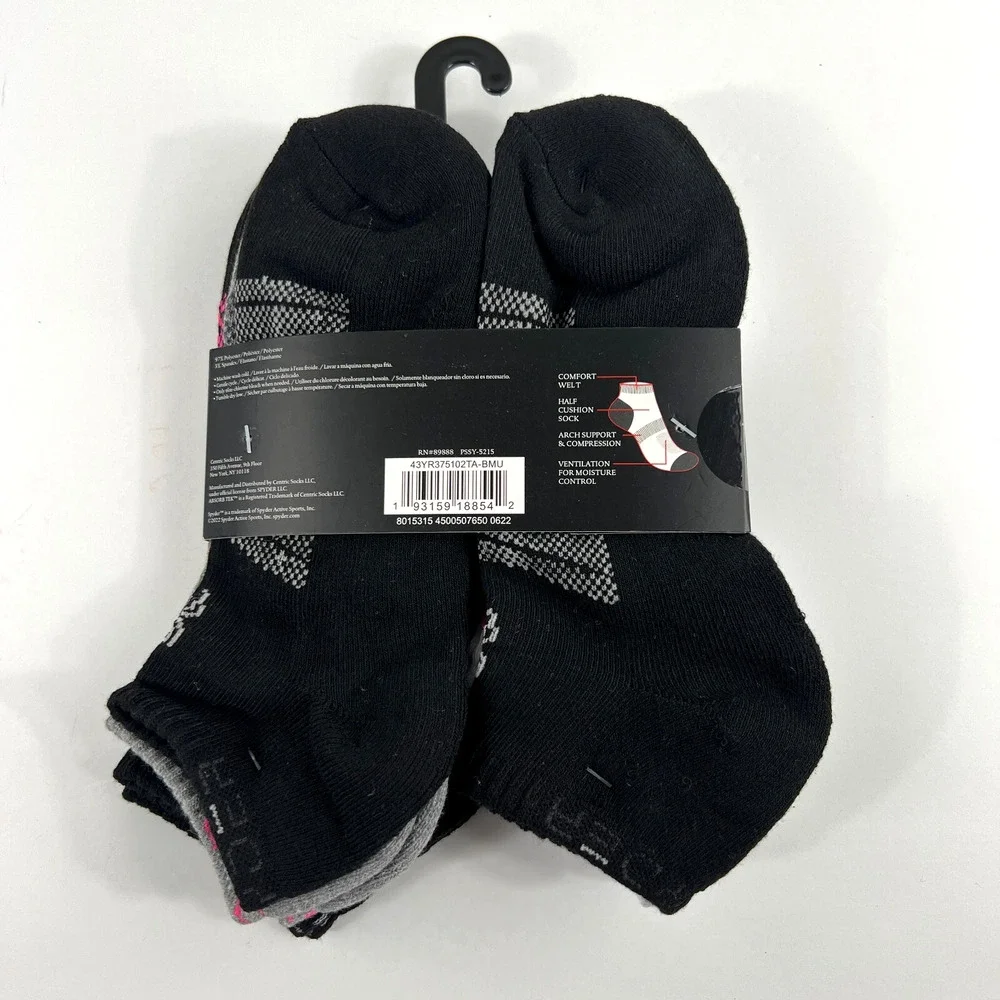 New Spyder Women Visible Tech Half Cushion Low-Cut Socks 5 Pair Black White Gray